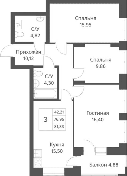 Планировка 3-к.кв 76.95 м² в ЖК «Фора»