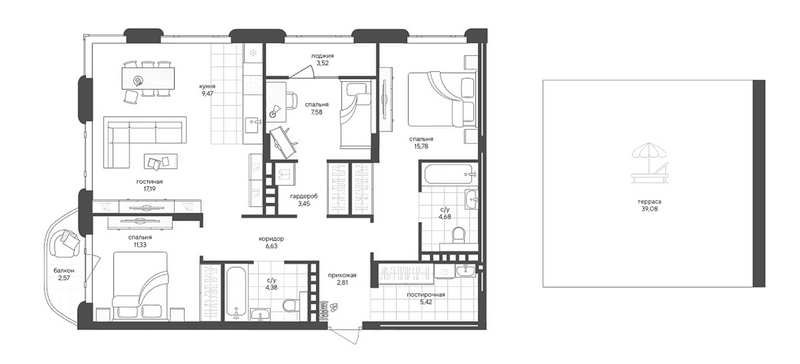 Планировка 3-к.кв 88.72 м² в ЖК «Новый Кедровый»