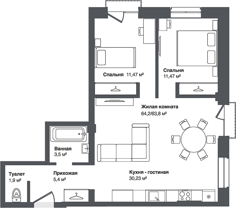 Планировка 3е-к. квартира 56.86 м² в ЖК «Мечта»