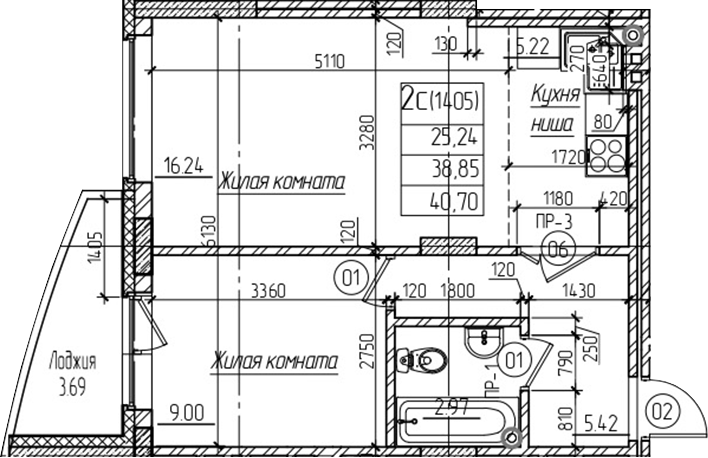 Планировка 1-к.кв 38.80 м² в ЖК «Возрождение»