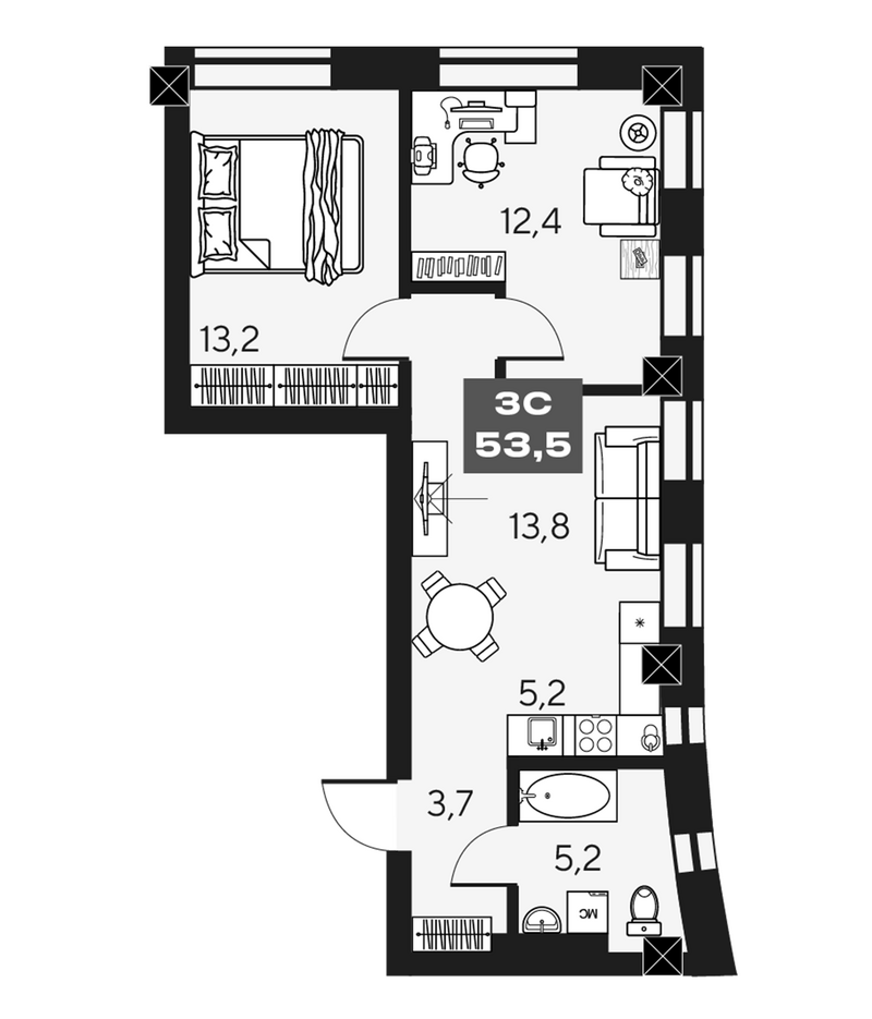 Планировка 3е-к.кв 53.50 м² в ЖК «МАКИ, апарты с амбициями»