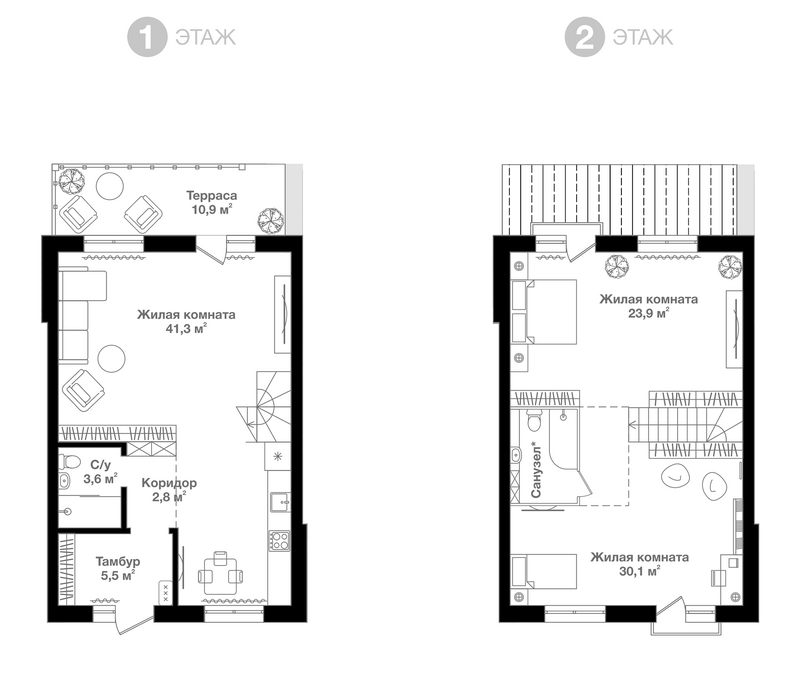 Планировка таунхаусы 107.23 м² в ЖК «Жилой Квартал Высокой Культуры Ясный»