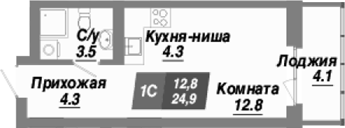 Планировка студия 24.90 м² в ЖК «Калининский квартал»