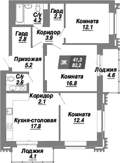Планировка 3-к. квартира 82.20 м² в ЖК «Калининский квартал»