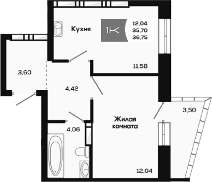 Планировка 1-к.кв 35.70 м² в ЖК «Салют»