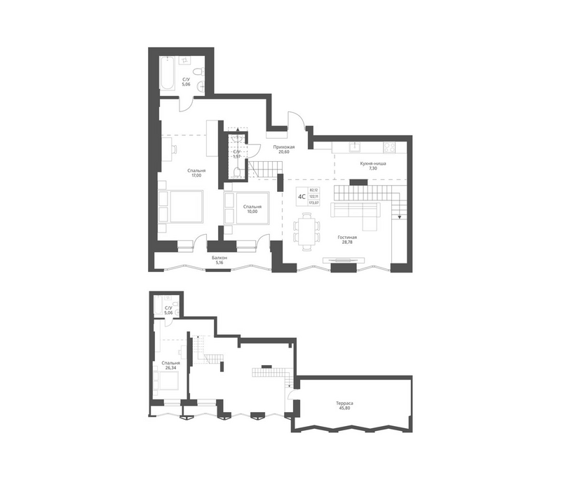 Планировка 4е-к.кв 122.11 м² в ЖК «Актив»