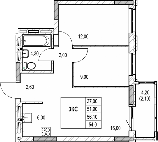 Планировка 3е-к.кв 51.90 м² в ЖК «Автограф»