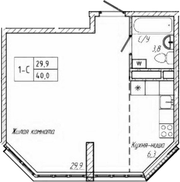 Планировка студии 40.00 м² в ЖК «Шория-Град. Шерегеш»