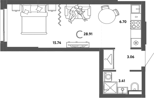 Планировка студии 28.91 м² в ЖК «Страна. Тополевая»