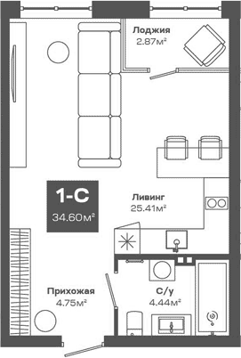 Планировка студии 34.60 м² в ЖК «Базилик»
