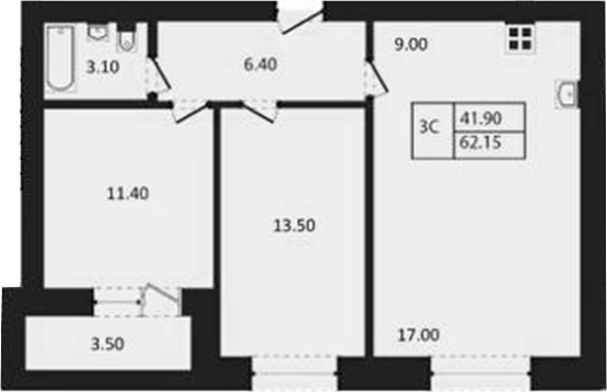 Планировка 3е-к.кв 60.40 м² в ЖК «Дивноград»