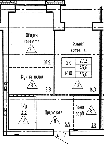 Планировка 2е-к. квартира 45.60 м² в ЖК «Фламинго»