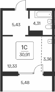 Планировка студии 25.43 м² в ЖК «Сакура парк»