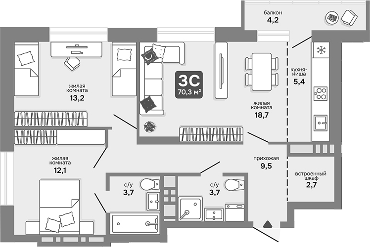 Планировка 3е-к.кв 69.04 м² в ЖК «Счастливый квартал»