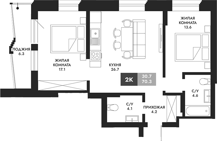 Планировка 2-к. квартира 73.45 м² в ЖК «Паскаль»
