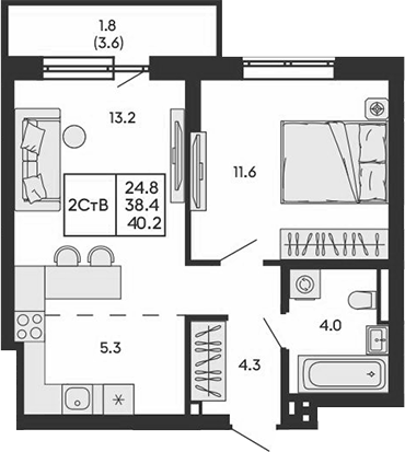 Планировка 2е-к.кв 38.40 м² в ЖК «ГОРИЗОНТ»