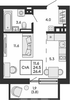 Планировка студии 24.50 м² в ЖК «ГОРИЗОНТ»