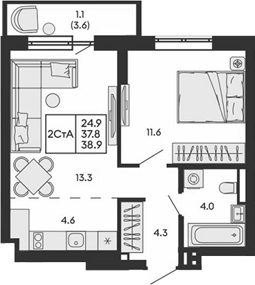 Планировка 2е-к.кв 37.80 м² в ЖК «ГОРИЗОНТ»