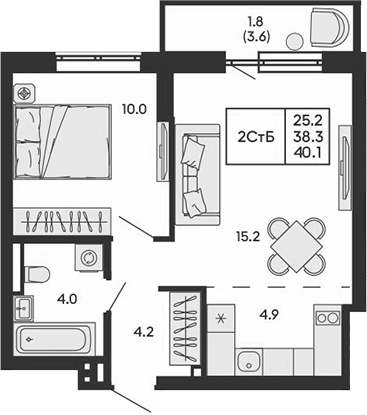 Планировка 2е-к.кв 38.30 м² в ЖК «ГОРИЗОНТ»