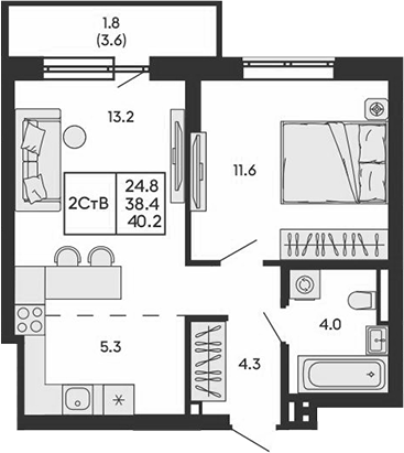 Планировка 2е-к.кв 38.40 м² в ЖК «ГОРИЗОНТ»