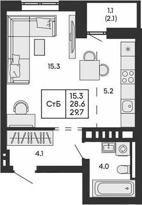 Планировка студии 28.60 м² в ЖК «ГОРИЗОНТ»