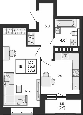 Планировка 1-к.кв 36.80 м² в ЖК «ГОРИЗОНТ»