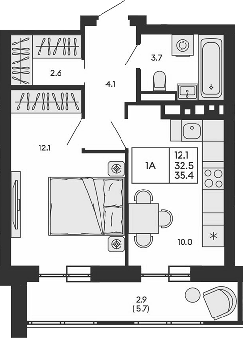 Планировка 1-к.кв 32.50 м² в ЖК «ГОРИЗОНТ»