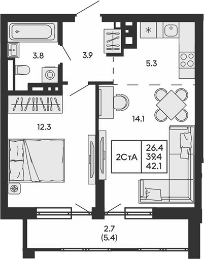 Планировка 2е-к.кв 39.40 м² в ЖК «ГОРИЗОНТ»