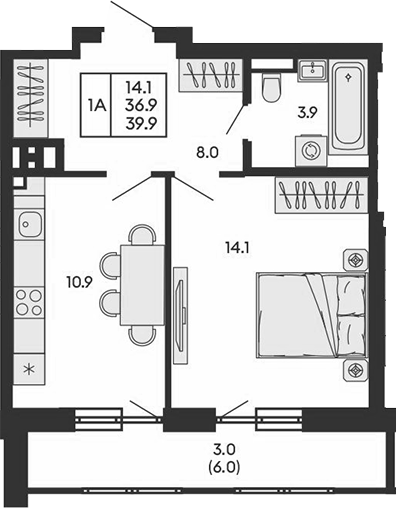 Планировка 1-к.кв 36.90 м² в ЖК «ГОРИЗОНТ»