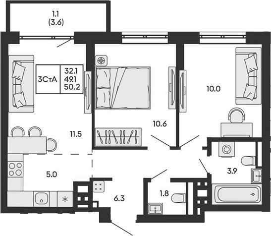 Планировка 3е-к.кв 49.10 м² в ЖК «ГОРИЗОНТ»