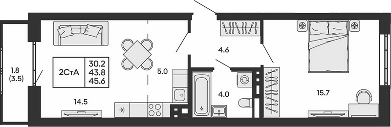 Планировка 2е-к.кв 43.80 м² в ЖК «ГОРИЗОНТ»