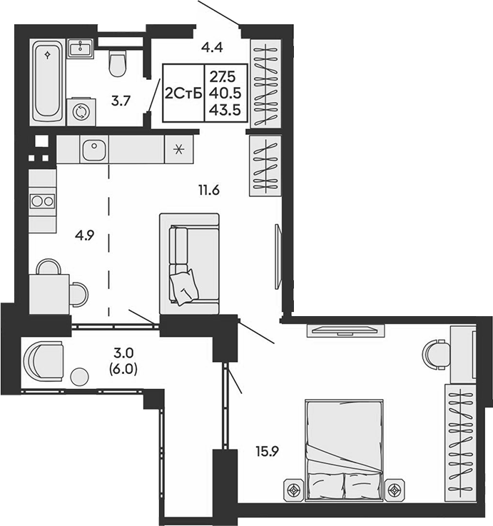 Планировка 2е-к.кв 40.50 м² в ЖК «ГОРИЗОНТ»