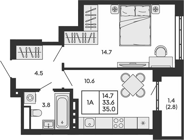 Планировка 1-к.кв 33.60 м² в ЖК «ГОРИЗОНТ»