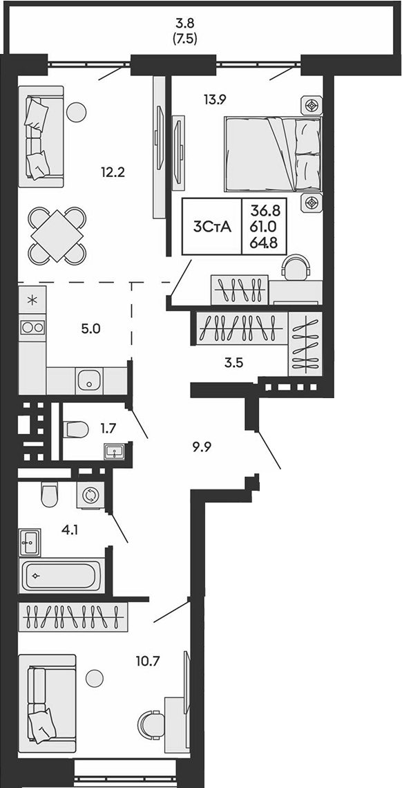 Планировка 3е-к.кв 61.00 м² в ЖК «ГОРИЗОНТ»
