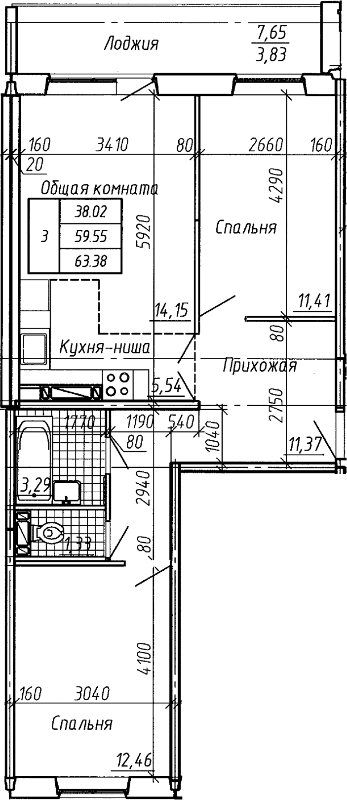Планировка 3е-к.кв 59.55 м² в ЖК «Аквамарин»