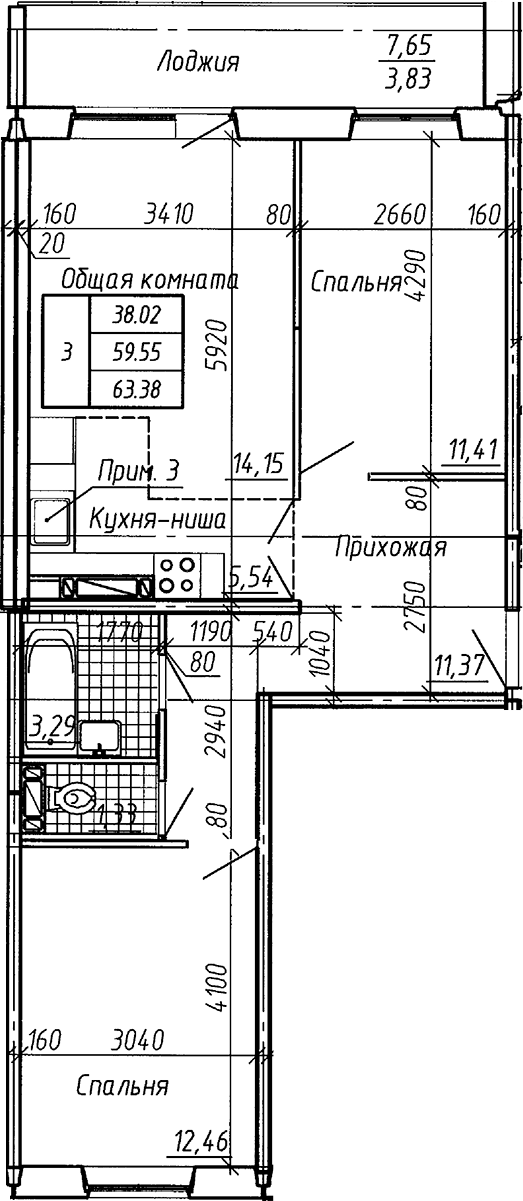 Планировка 3е-к.кв 59.55 м² в ЖК «Аквамарин»