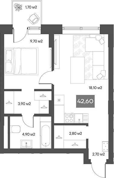 Планировка 1-к. квартира 42.09 м² в ЖК «ЩА»