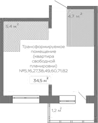 Планировка своб. план. 35.70 м² в ЖК «Уютный квартал. Кемерово»