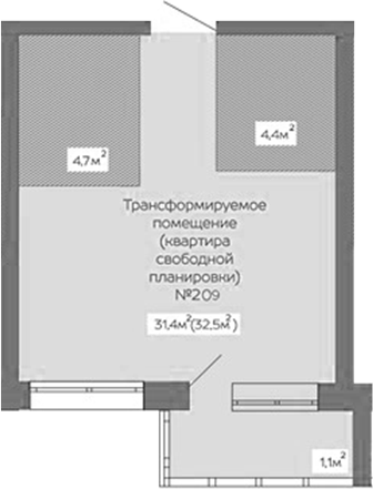 Планировка своб. план. 32.50 м² в ЖК «Уютный квартал. Кемерово»