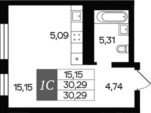 Планировка студия 30.29 м² в ЖК «Роза ветров»
