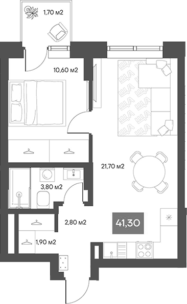 Планировка 1-к.кв 40.79 м² в ЖК «ЩА»