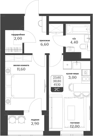 Планировка 2е-к.кв 39.65 м² в ЖК «Тимирязевский парк»
