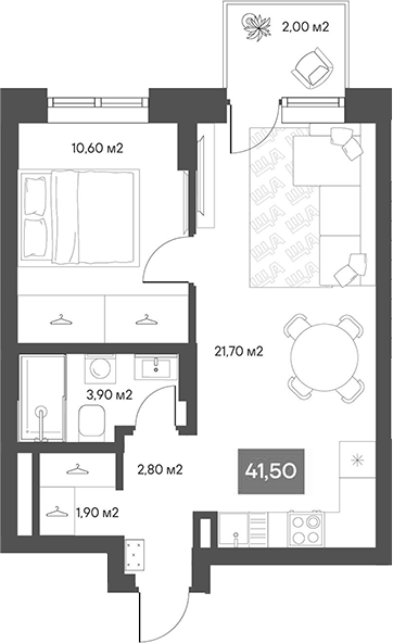 Планировка 1-к. квартира 40.90 м² в ЖК «ЩА»