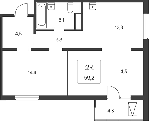 Планировка 3е-к.кв 54.90 м² в ЖК «Расцветай у Академгородка»