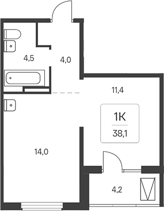 Планировка 1-к.кв 33.90 м² в ЖК «Расцветай у Академгородка»