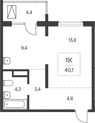 Планировка 1-к. квартира 35.70 м² в ЖК «Расцветай у Академгородка»
