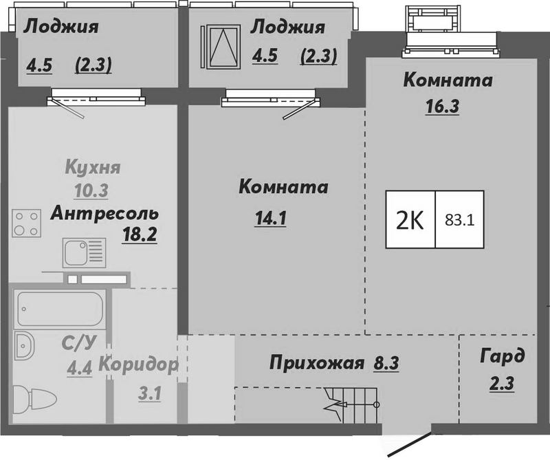 Планировка 2-к.кв 78.50 м² в ЖК «Ежевика»
