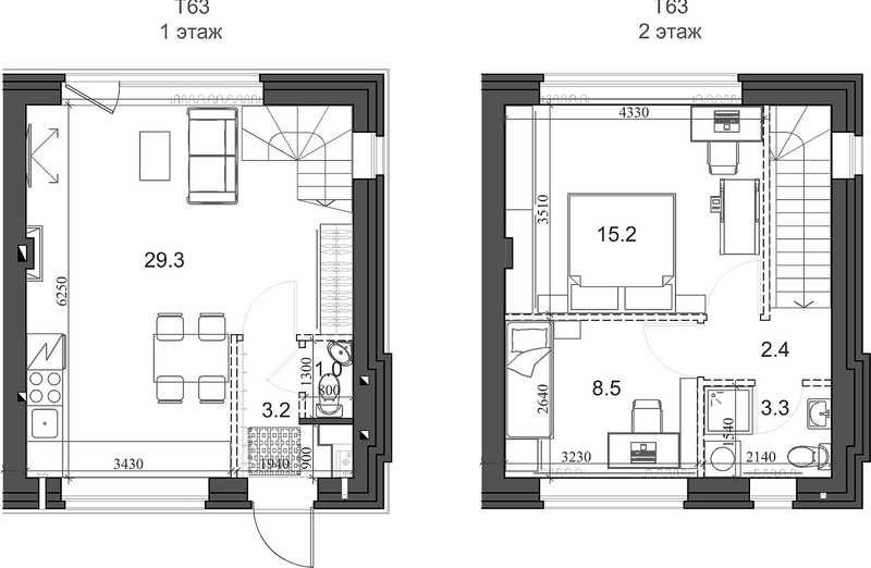 Планировка таунхаус 61.81 м² в ЖК «Коттеджный поселок Березки Новолуговое»