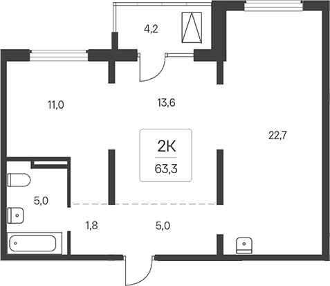 Планировка 2-к. квартира 59.10 м² в ЖК «Расцветай у Академгородка»