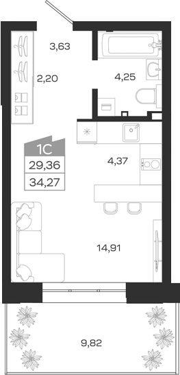 Планировка студии 29.36 м² в ЖК «1804 Квартал на Сибирской. Томск»